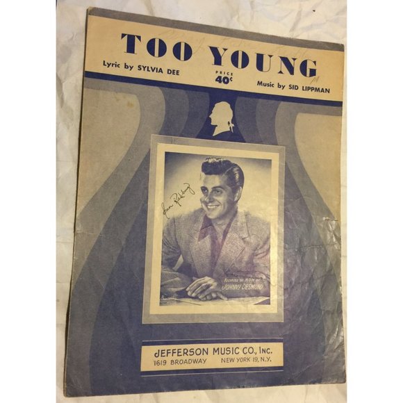 Too Young by Sylvia Dee & Sid Lippman Jefferson Music Co Inc Vintage Sheet music - Picture 1 of 10